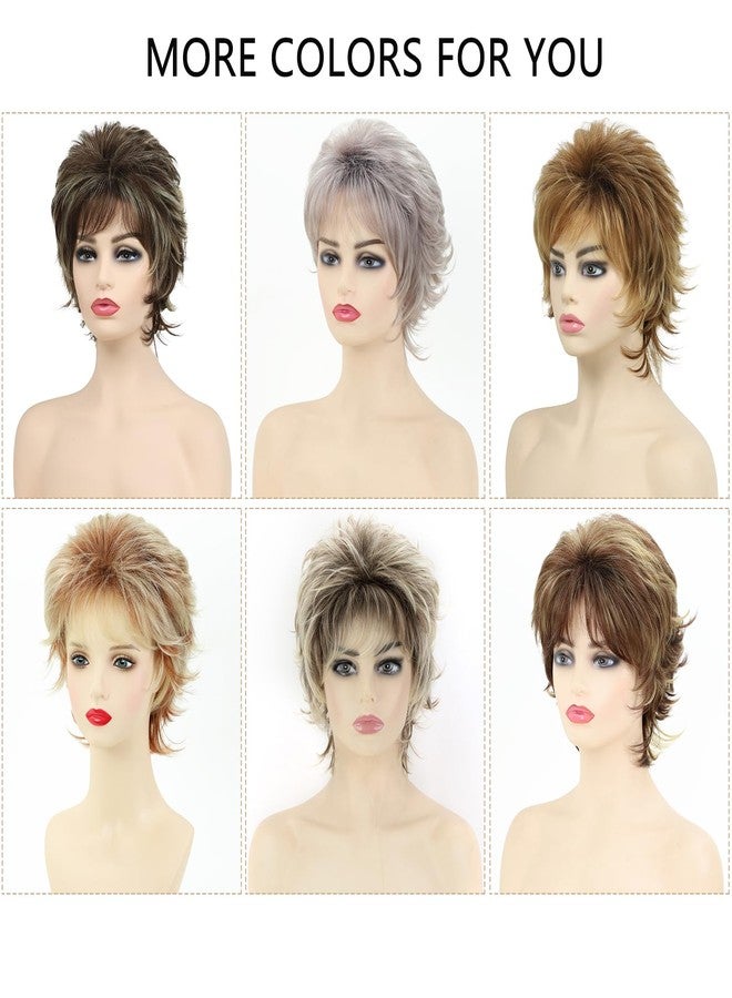 TISHINING Brown Highlight Short Hair Wigs for White Women Shag Layered Brown Mix Blonde Pixie Cut Wig with Bangs Synthetic Natural Looking Daily Party Wig - Image 5